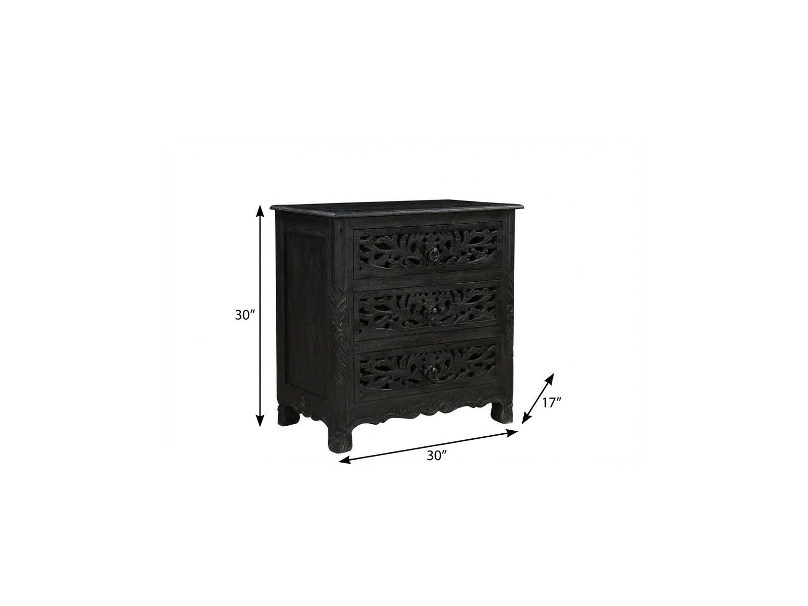 30" Black Solid Wood Distressed Three Drawer Nightstand