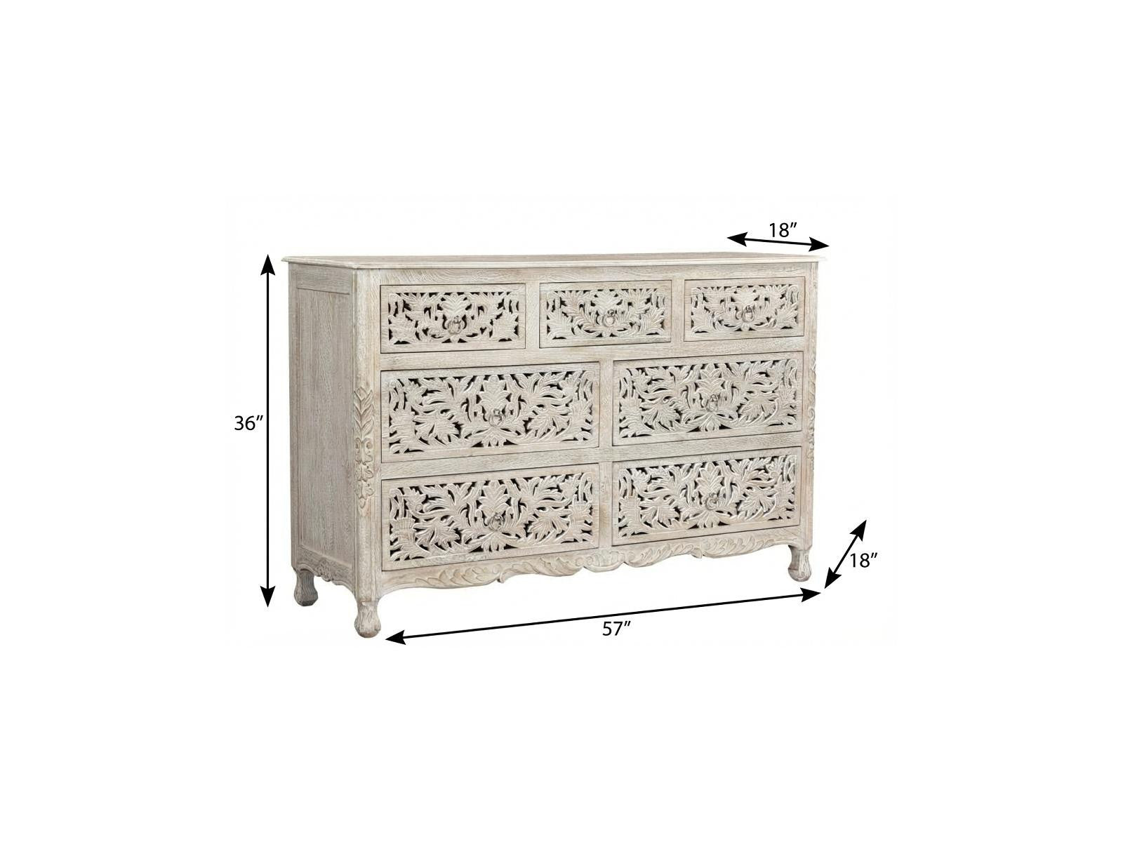 57" White Solid Wood Seven Drawer Dresser