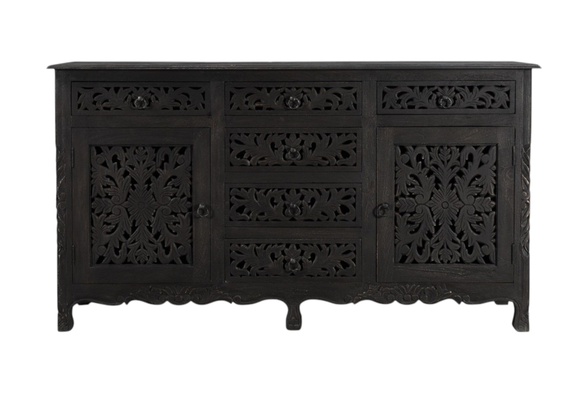 66" Black Distressed Solid Wood Carved Floral Six Drawer Sideboard With Two Doors