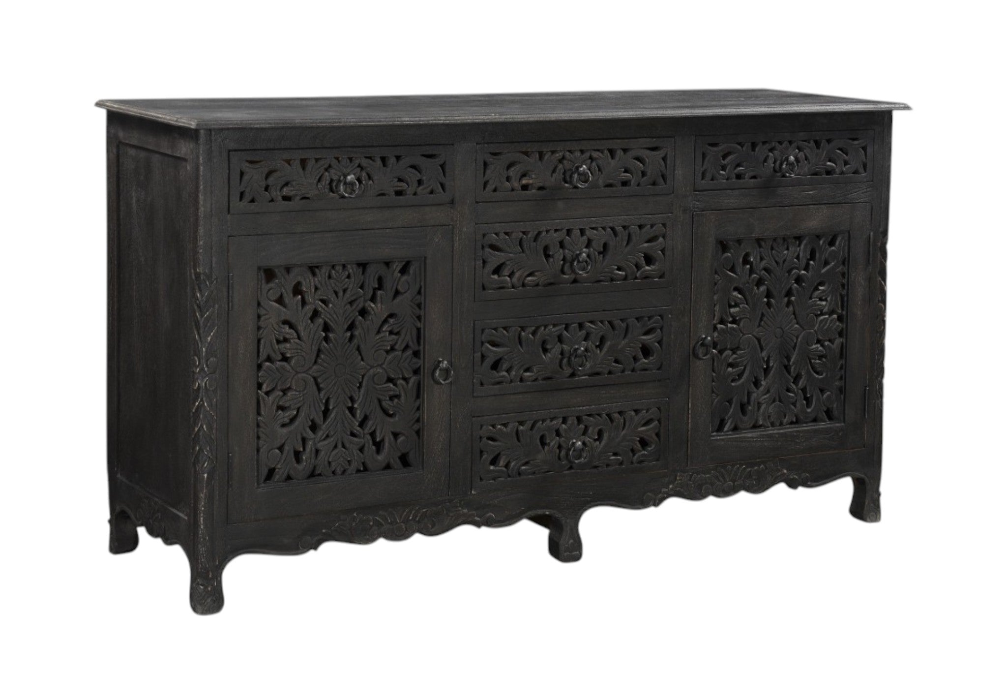 66" Black Distressed Solid Wood Carved Floral Six Drawer Sideboard With Two Doors