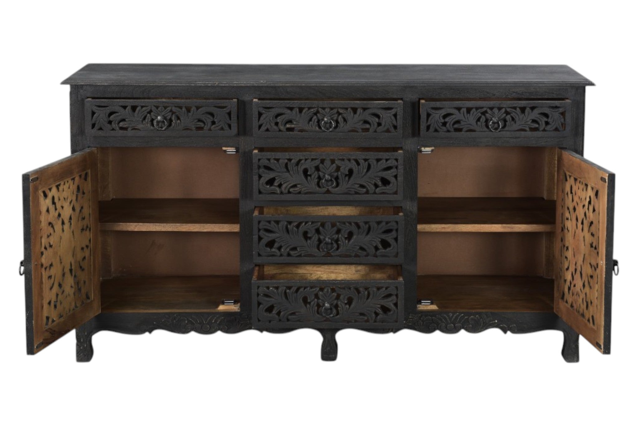 66" Black Distressed Solid Wood Carved Floral Six Drawer Sideboard With Two Doors