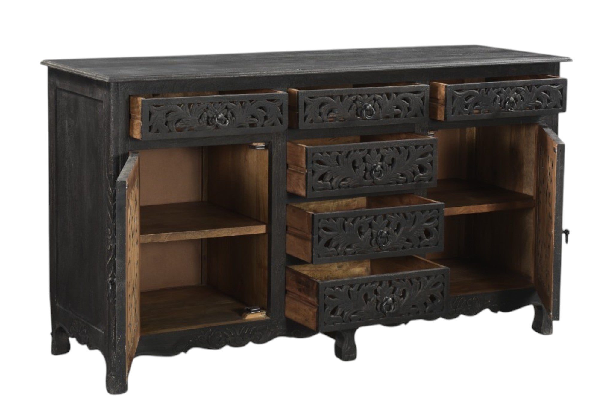 66" Black Distressed Solid Wood Carved Floral Six Drawer Sideboard With Two Doors