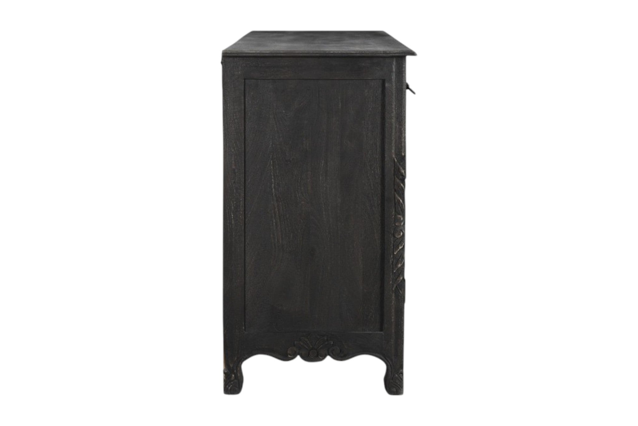 66" Black Distressed Solid Wood Carved Floral Six Drawer Sideboard With Two Doors