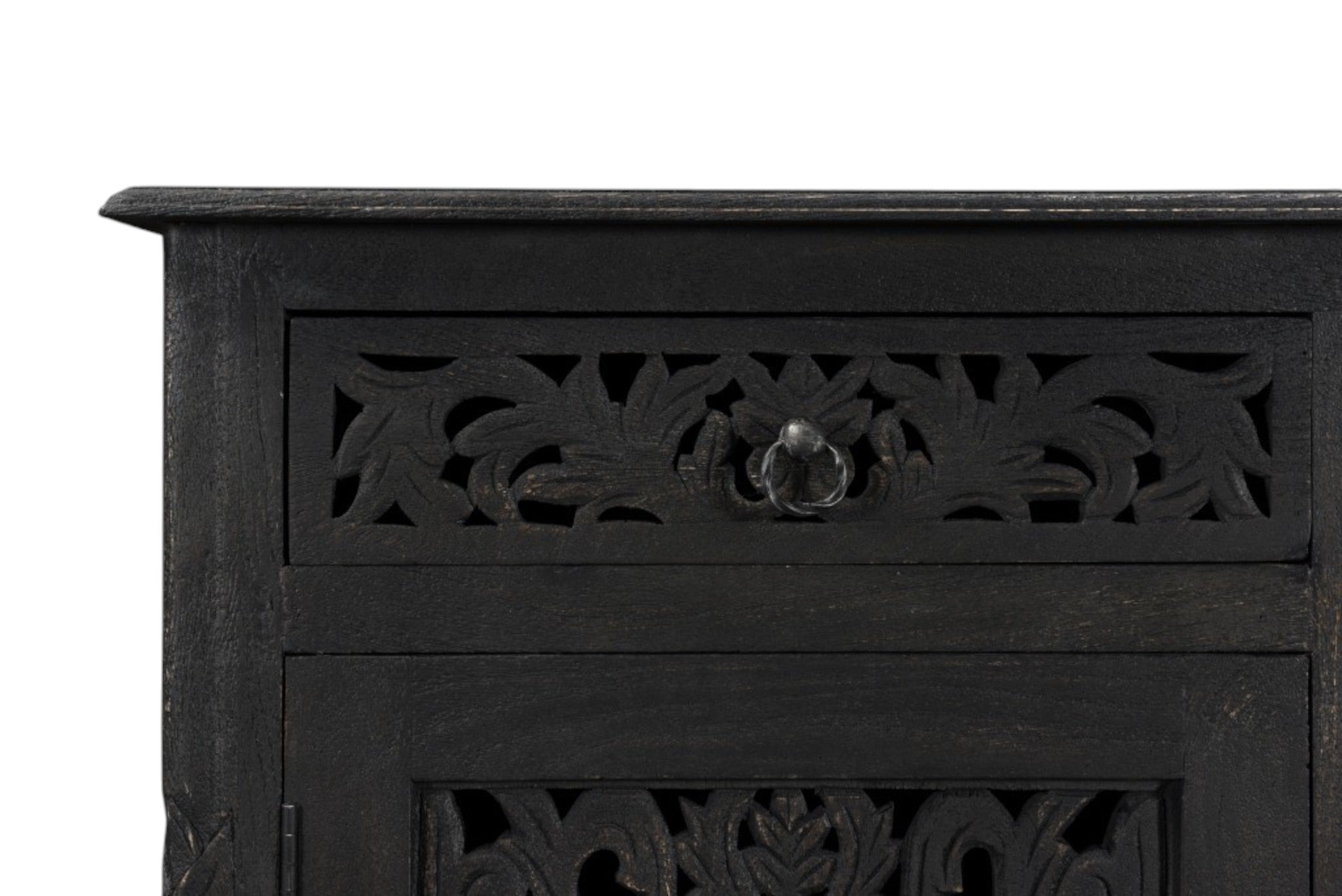 66" Black Distressed Solid Wood Carved Floral Six Drawer Sideboard With Two Doors