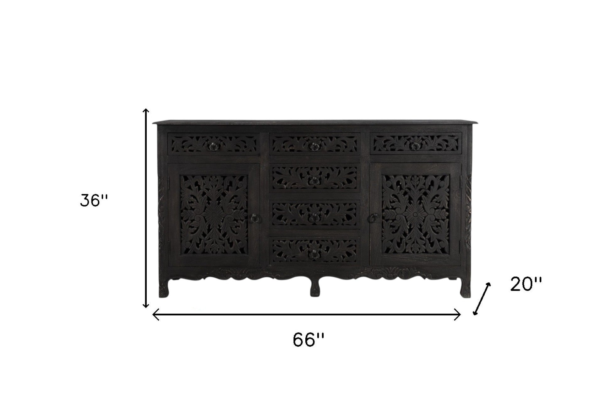66" Black Distressed Solid Wood Carved Floral Six Drawer Sideboard With Two Doors