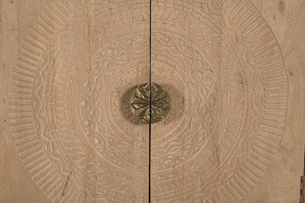 95" Natural And Antiqued Gold Solid Wood Carved Geometric Sideboard with Six Doors