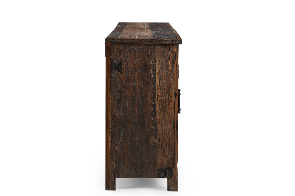 84" Dark Brown Distressed Reclaimed Wood Paneled Sideboard with Six Doors