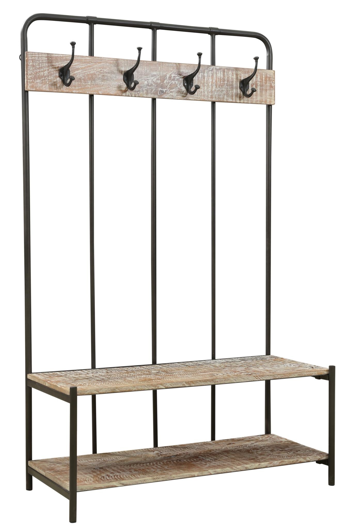 71" Black And Brown Metal And Solid Wood Four Hooks Freestanding Coat Rack