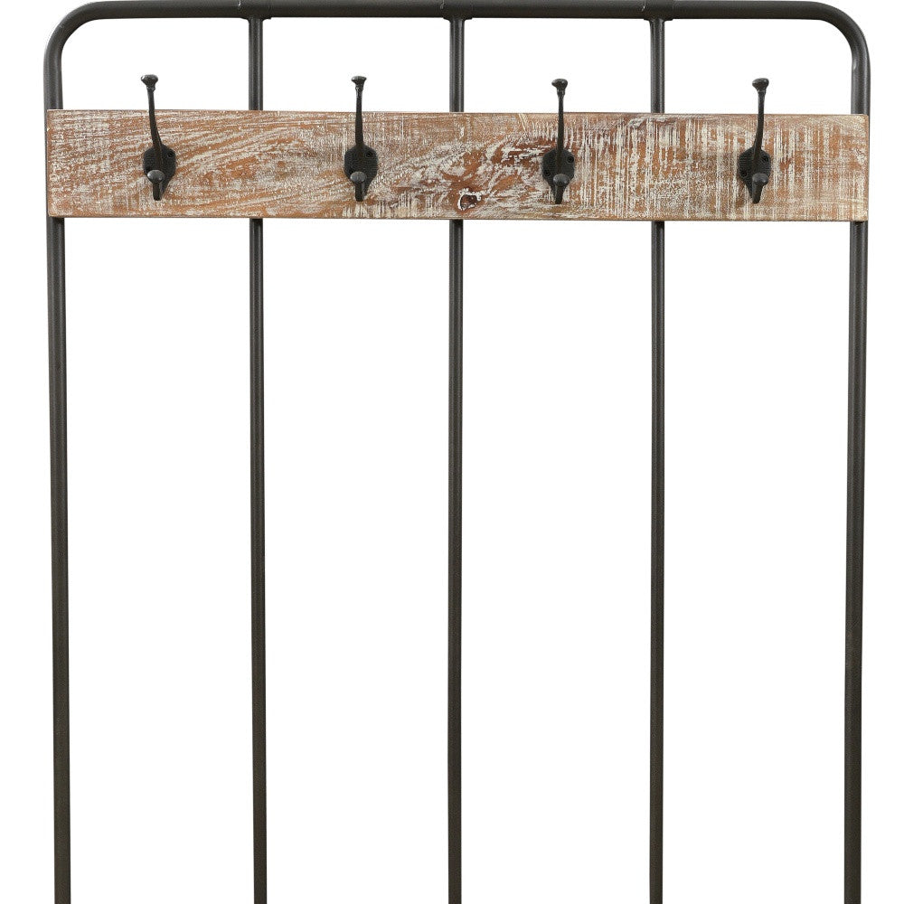 71" Black And Brown Metal And Solid Wood Four Hooks Freestanding Coat Rack