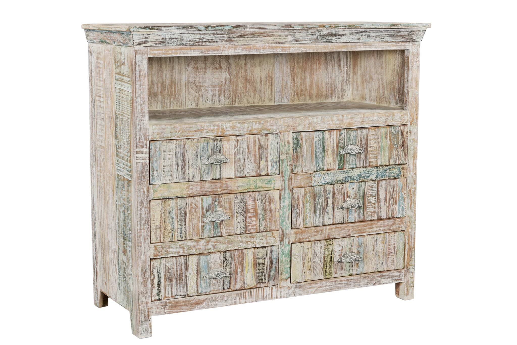 50" White Distressed Reclaimed Wood Open And Enclosed Storage Entertainment Center