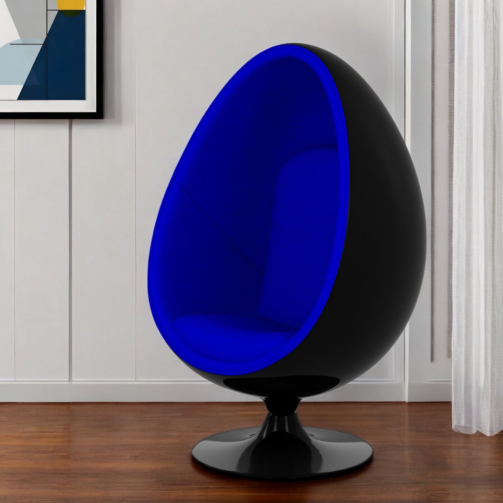 35" Black And Blue Fiberglass And Wool Swivel Egg Chair