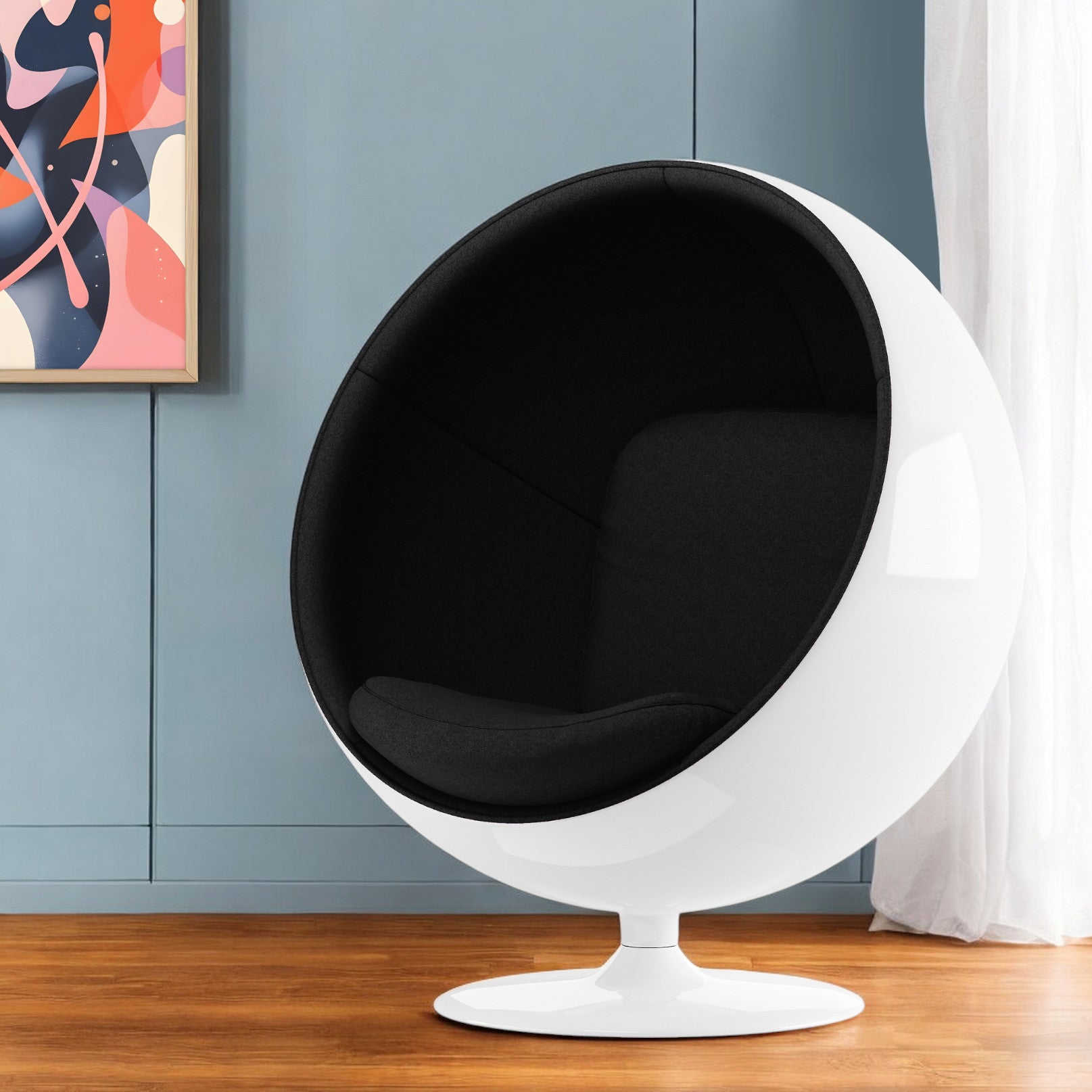 42" White And Black Fiberglass And Cotton Swivel Egg Chair