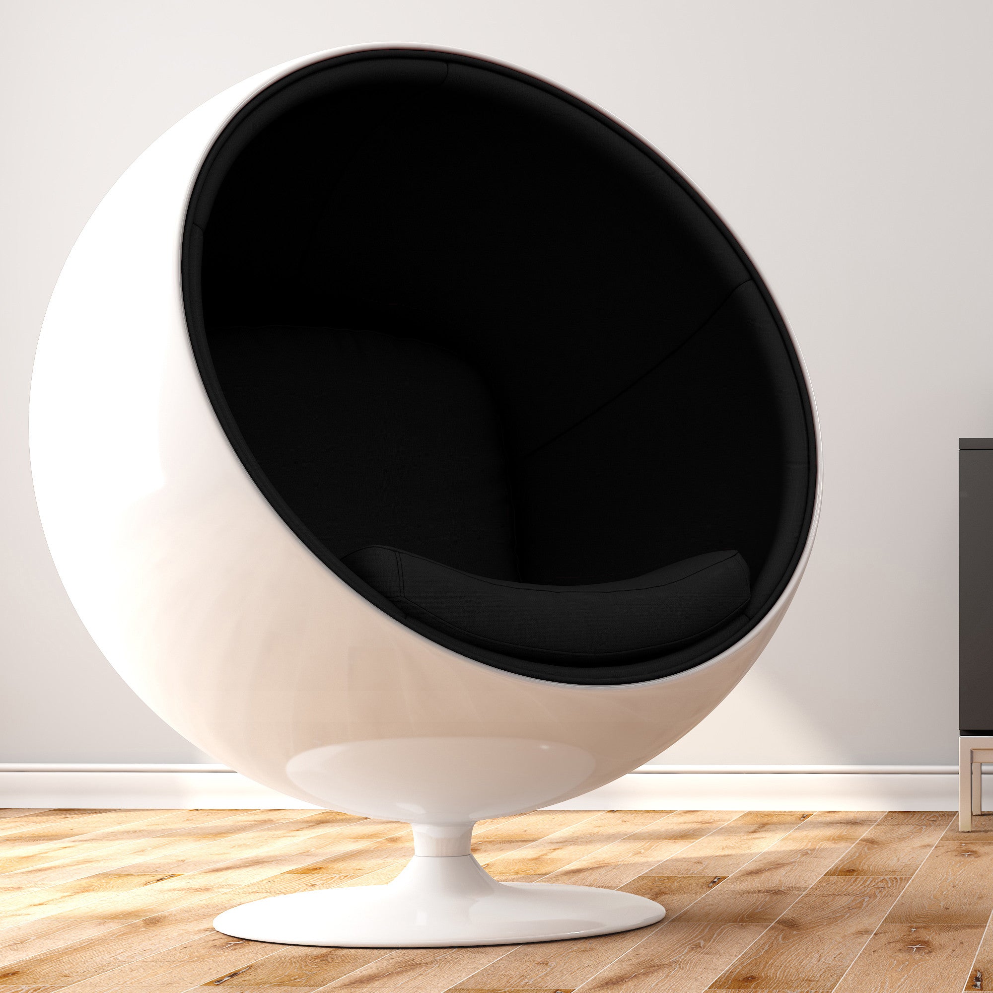 42" White And Black Fiberglass And Cotton Swivel Egg Chair