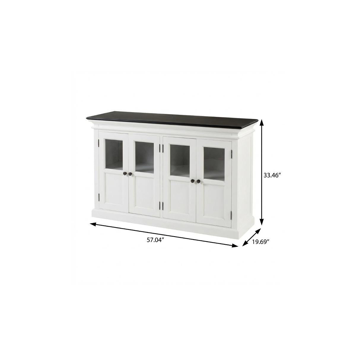 60" White And Black Solid Wood Paneled Buffet Table with Four Glass Doors