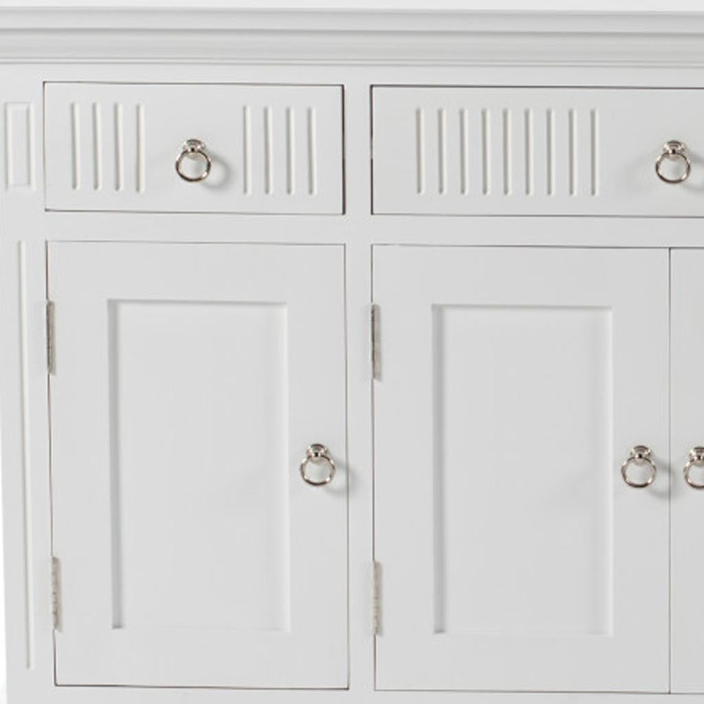 59" White Solid Wood Paneled Three Drawer Buffet Table with Four Doors