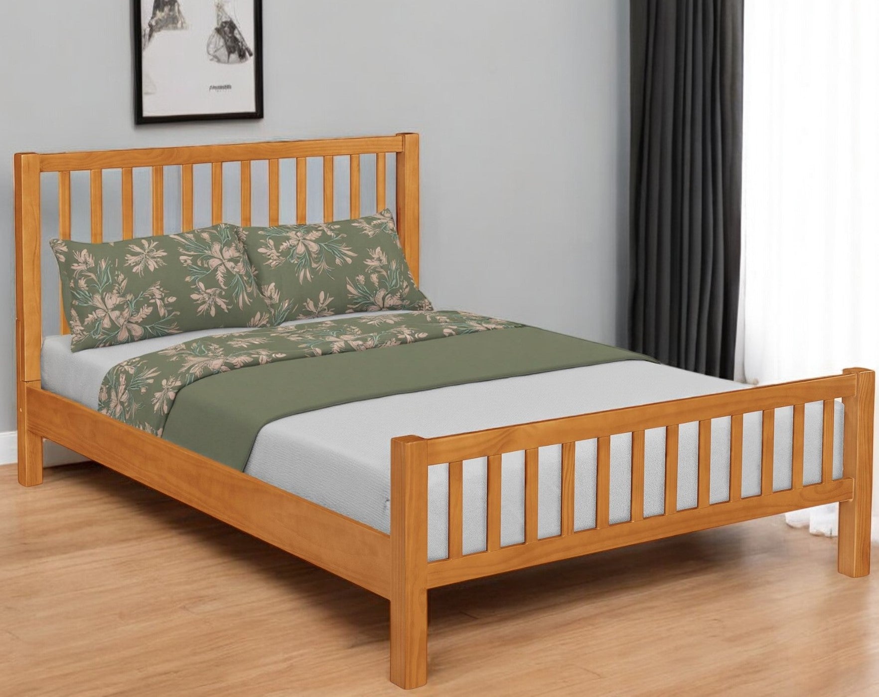Brown Slat Back Solid Wood King Bed Frame