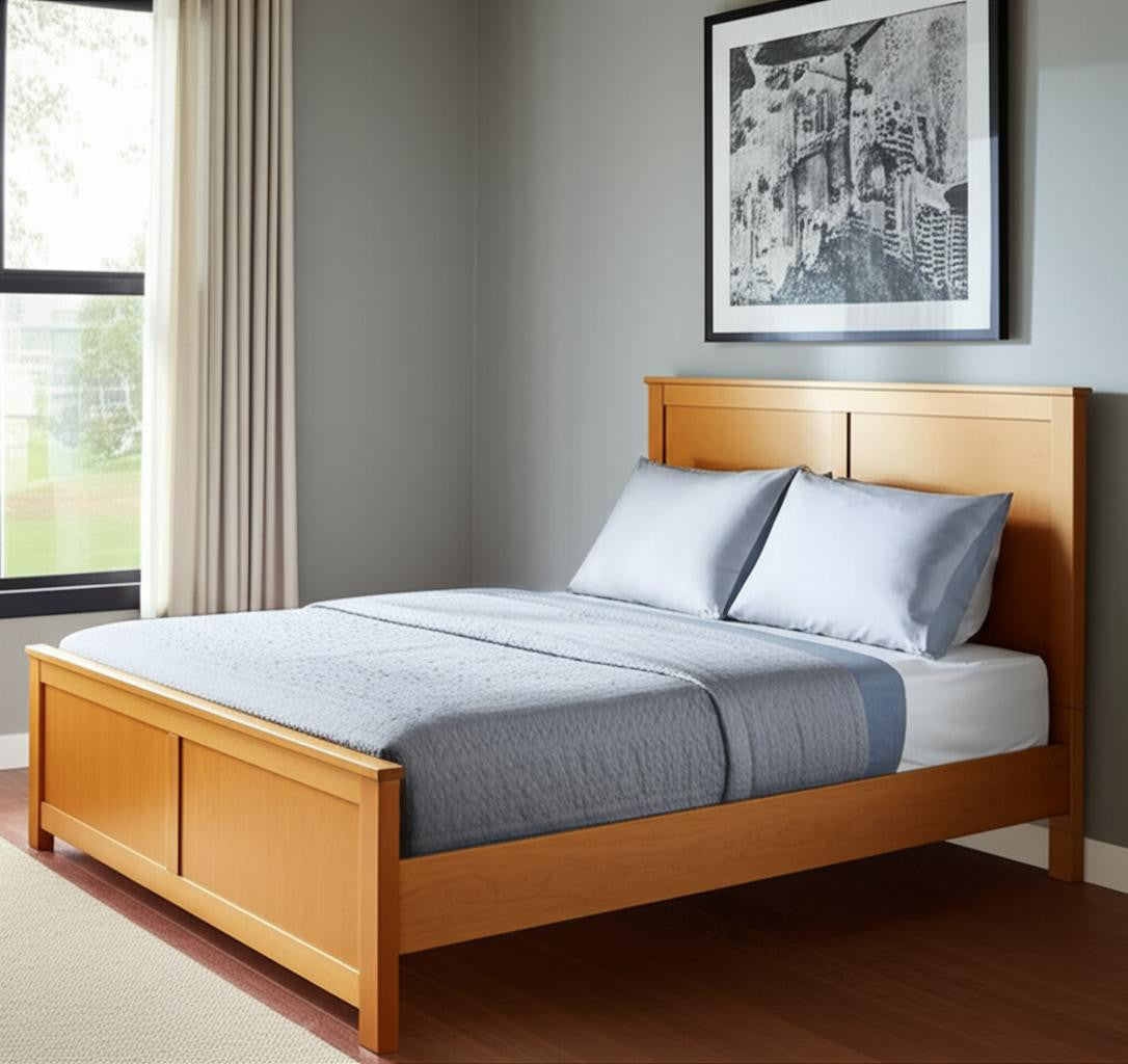 Brown Inlaid Panels Solid Wood Queen Bed Frame