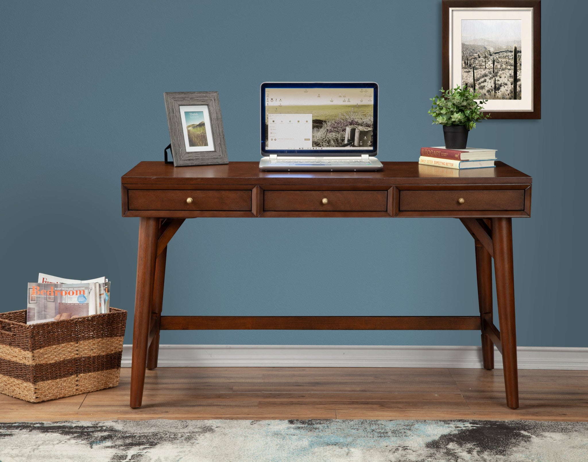 52" Brown Solid Manufactured Wood Writing Desk with Three Drawers
