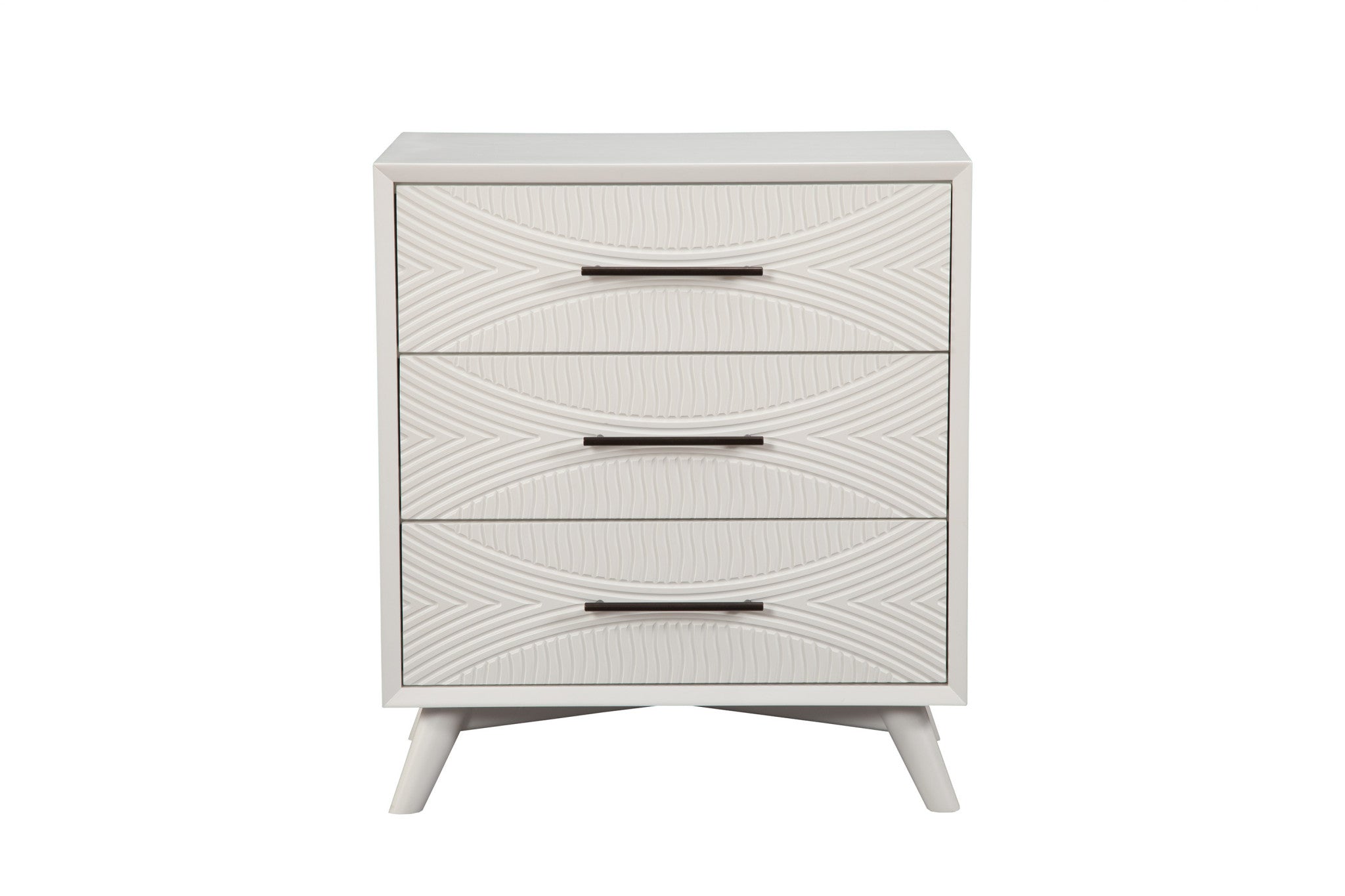 34" White Carved Geometric Solid Wood Three Drawer Dresser