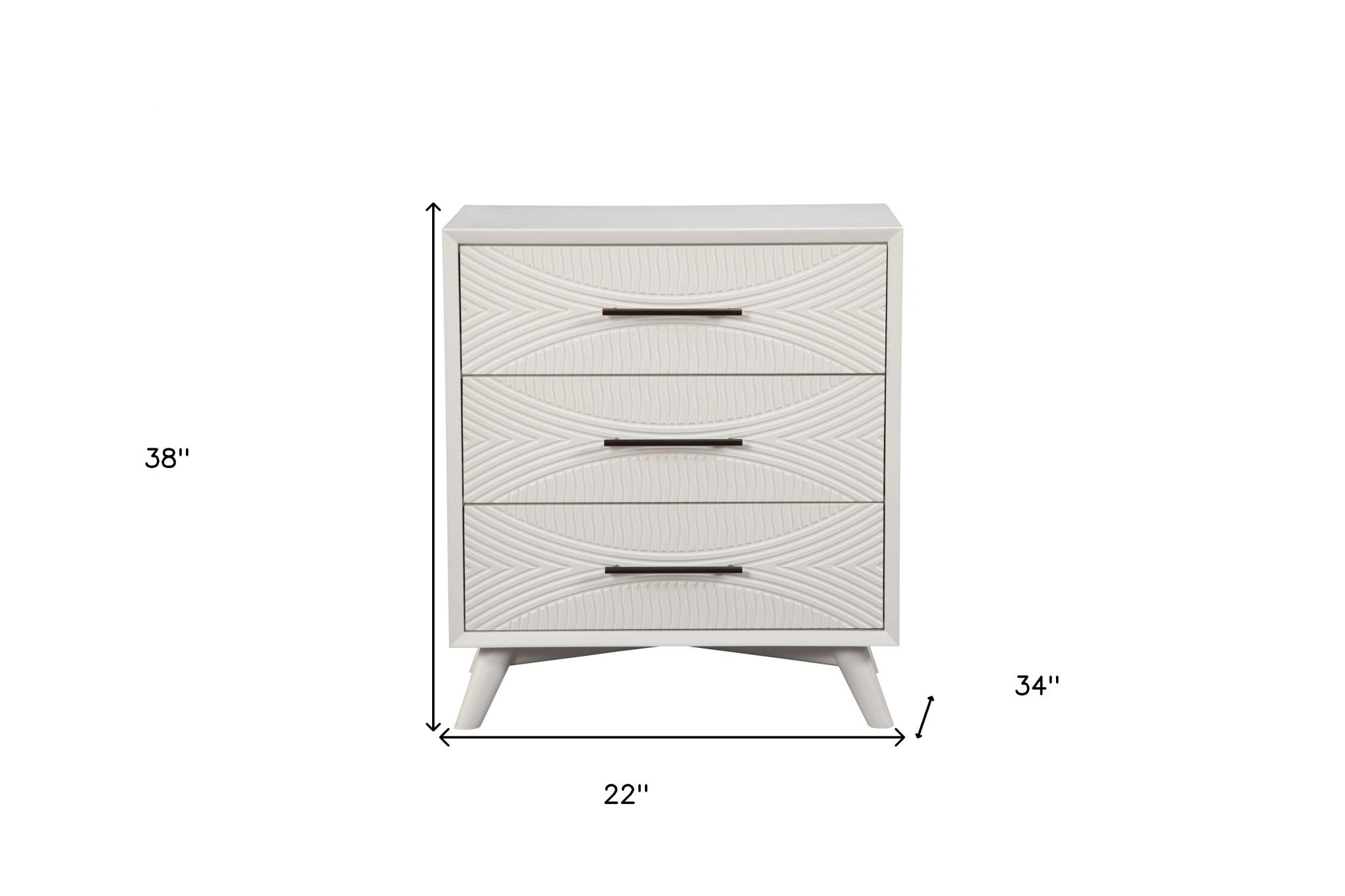 34" White Carved Geometric Solid Wood Three Drawer Dresser