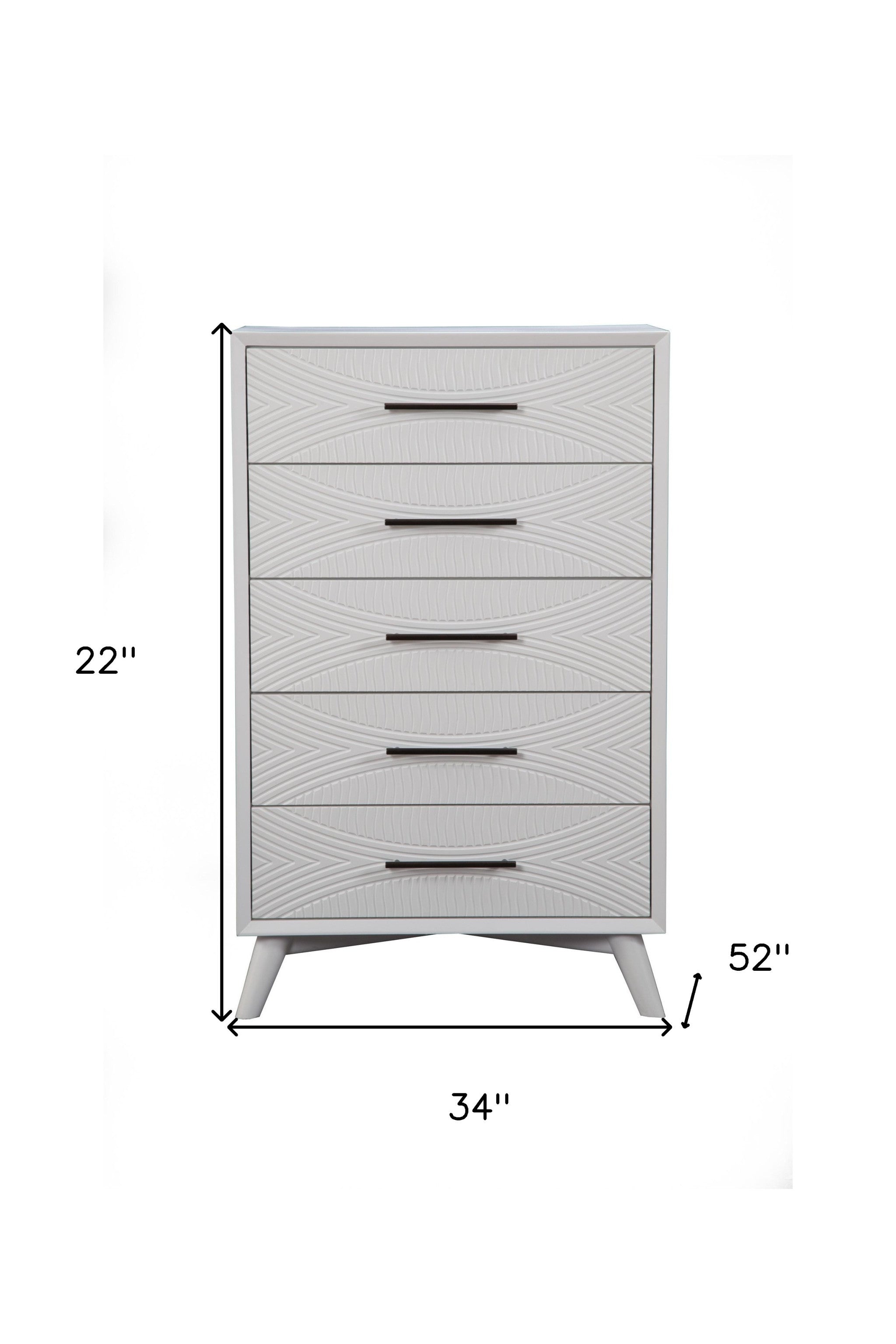 34" White Carved Geometric Solid Wood Five Drawer Dresser