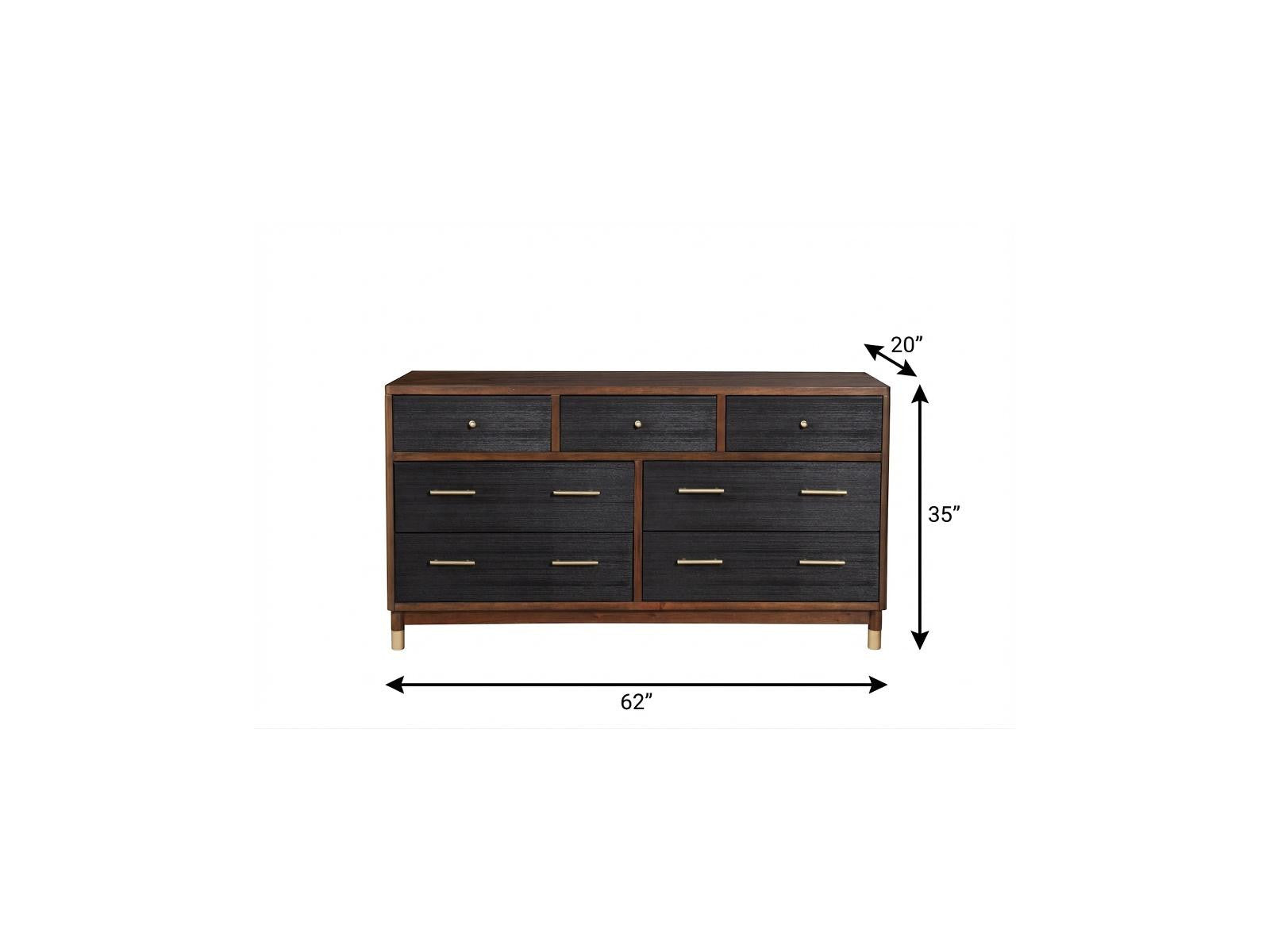 62" Brown And Black Solid Wood Seven Drawer Double Dresser