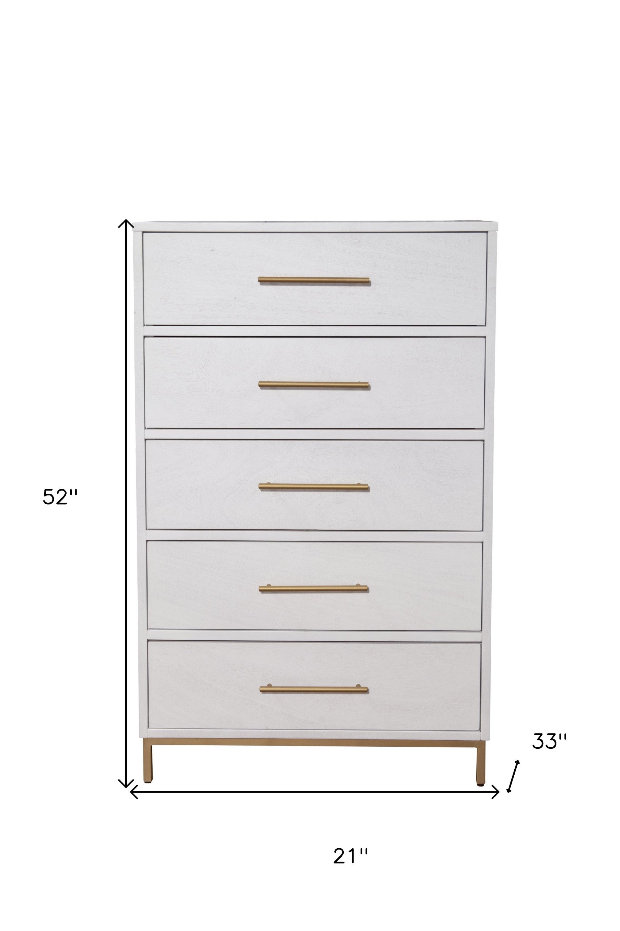 30" White Solid Wood Five Drawer Dresser