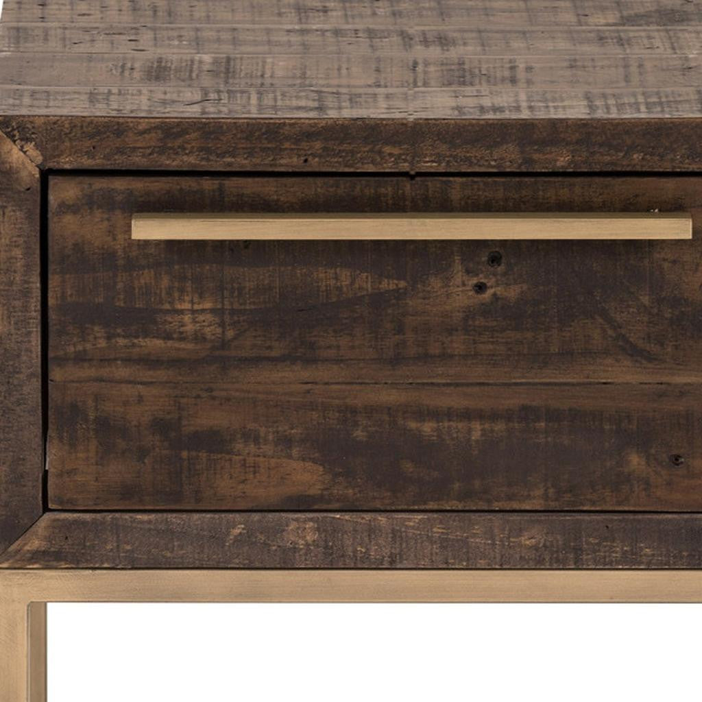 18" Antiqued Brass And Brown Reclaimed Wood End Table With Drawer