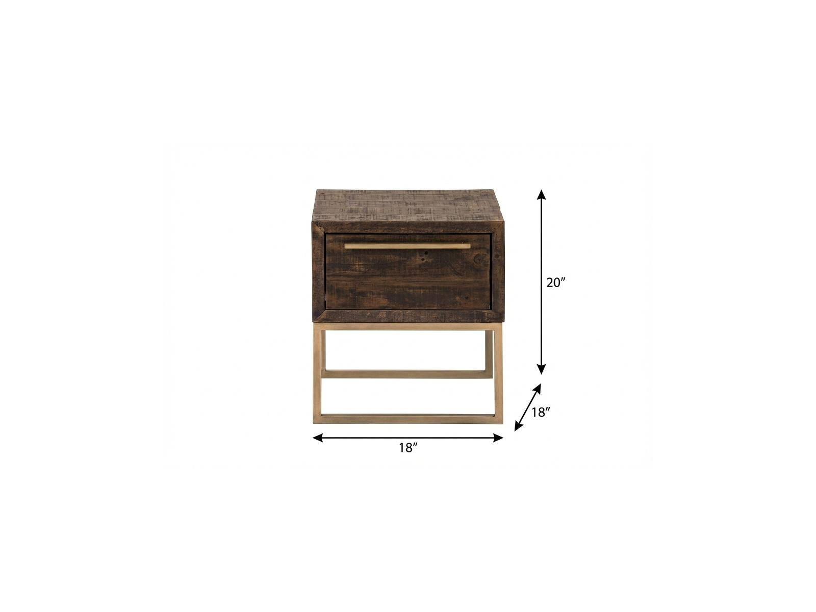 18" Antiqued Brass And Brown Reclaimed Wood End Table With Drawer