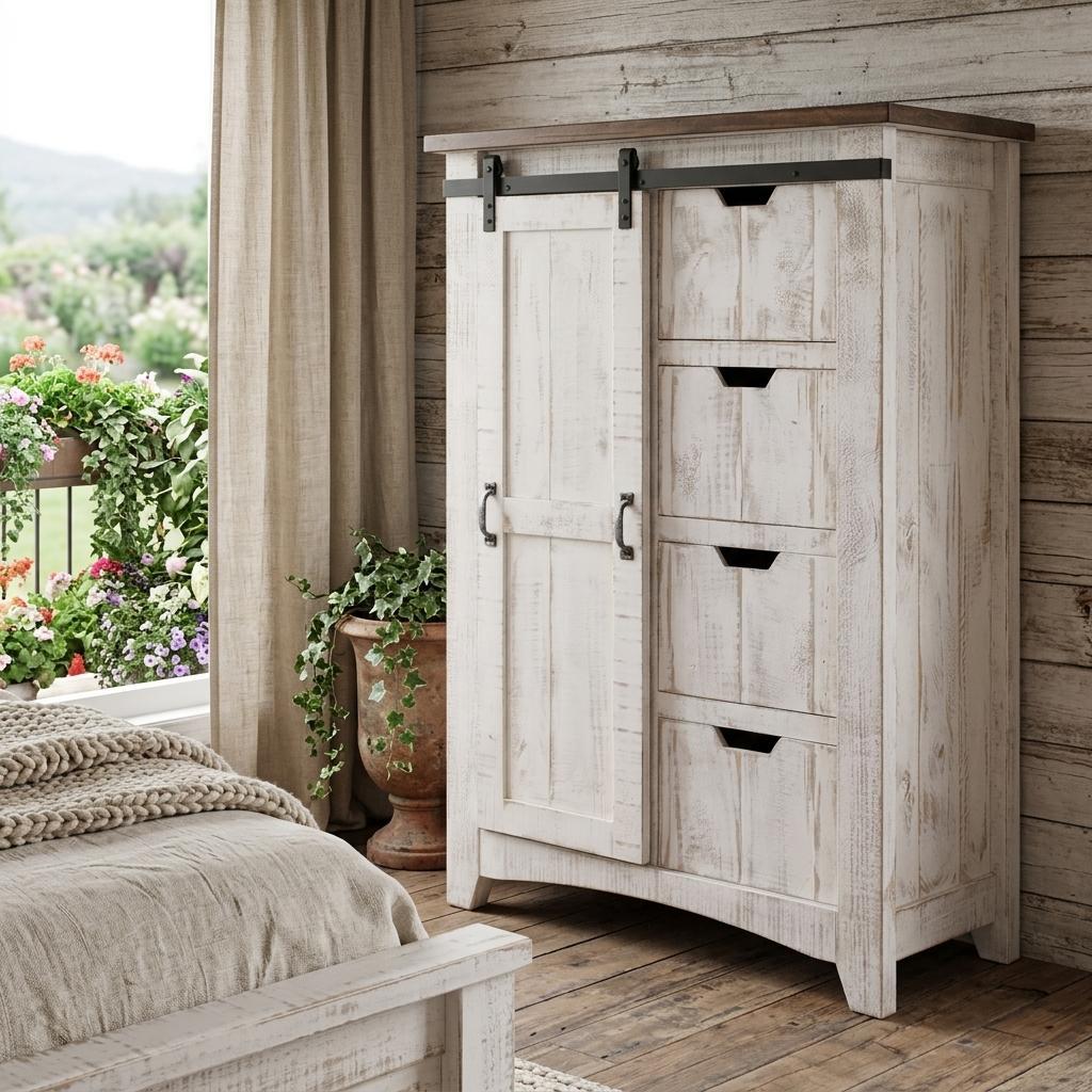 54" Brown And White Solid Wood Four Drawer Combo Dresser