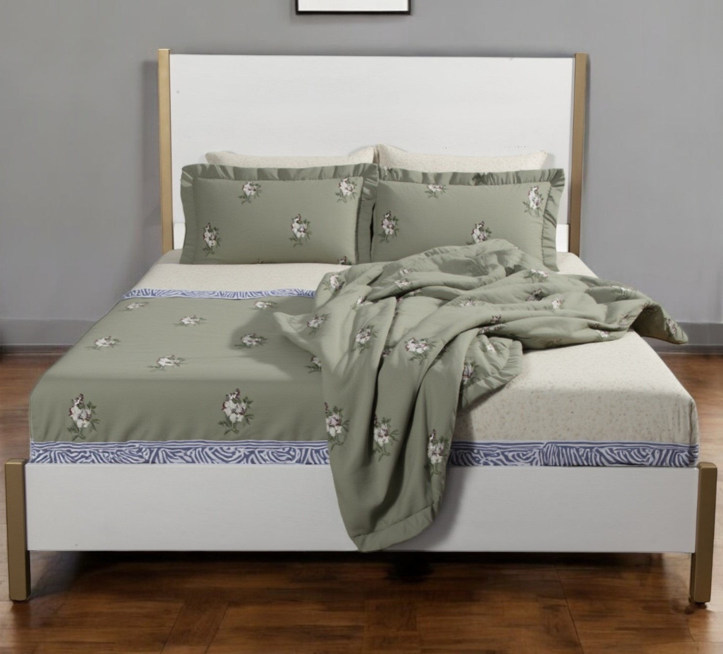 Natural and White Solid Wood And Upholstery King Bed Frame