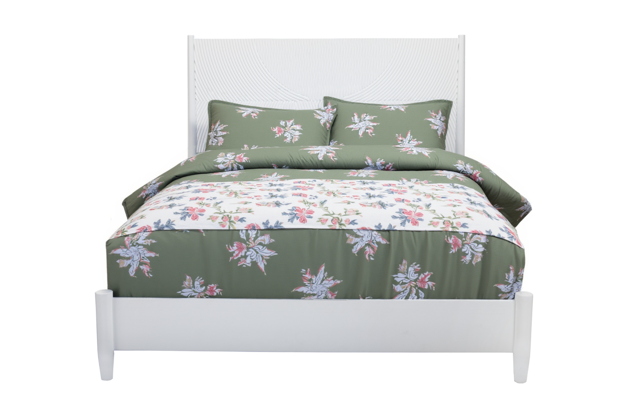 White Carved Geometric Solid Wood Full Bed Frame