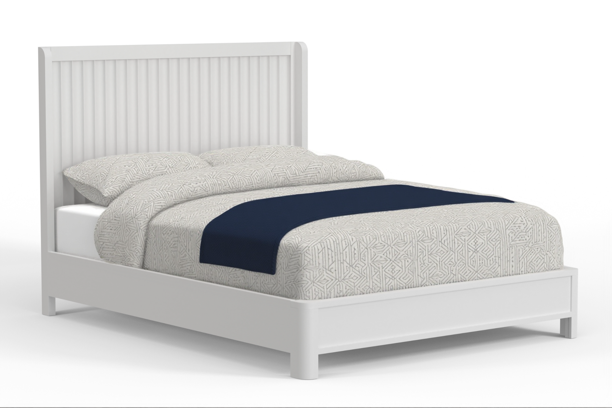 White Ribbed Texture Solid Wood Queen Bed Frame