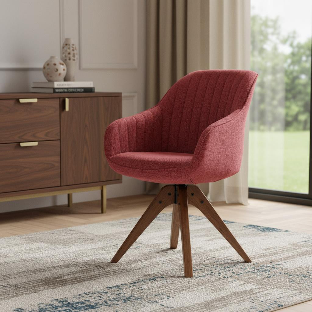 23" Red And Natural Tufted Fabric Swivel Arm Chair