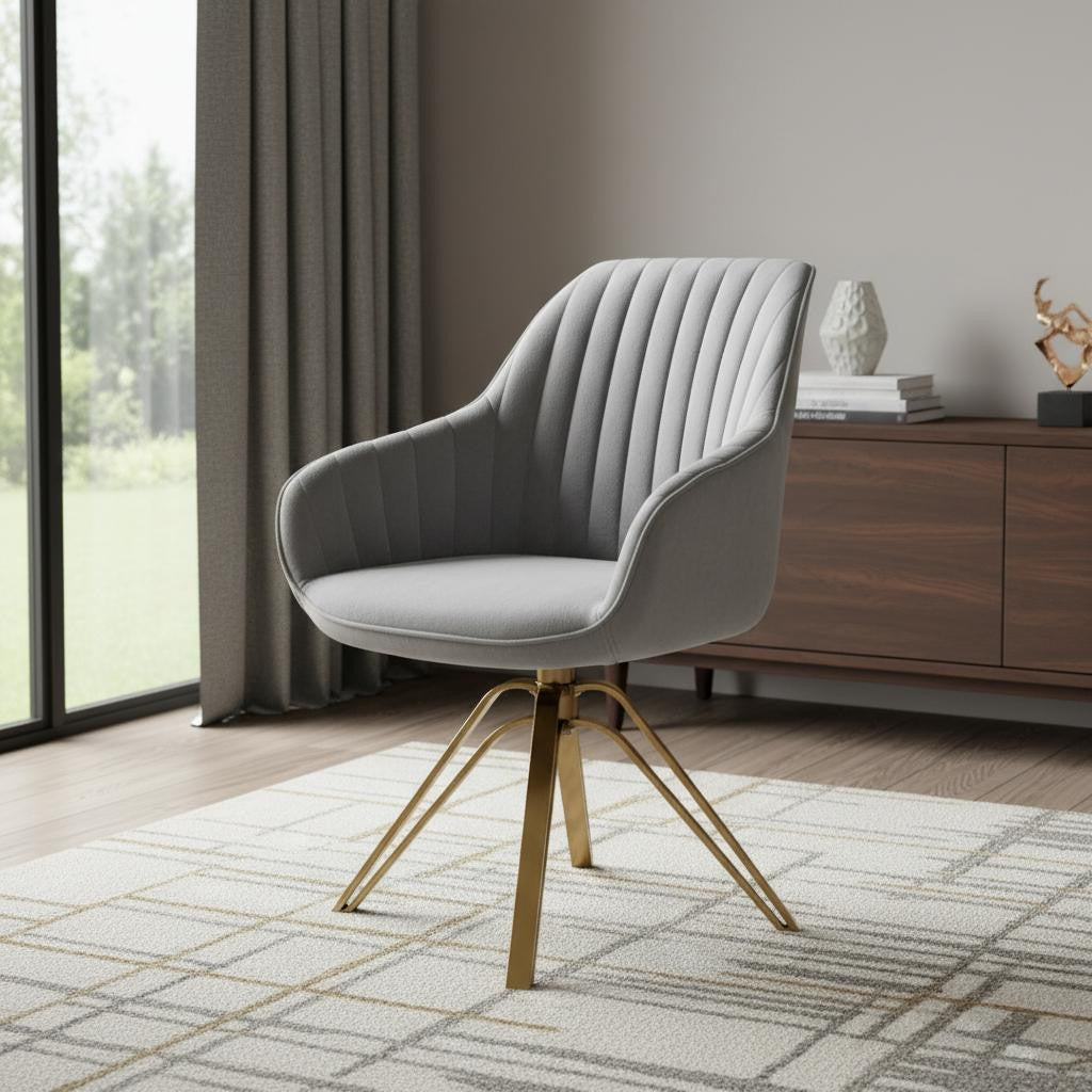 23" Gray Velvet And Gold Swivel Arm Chair