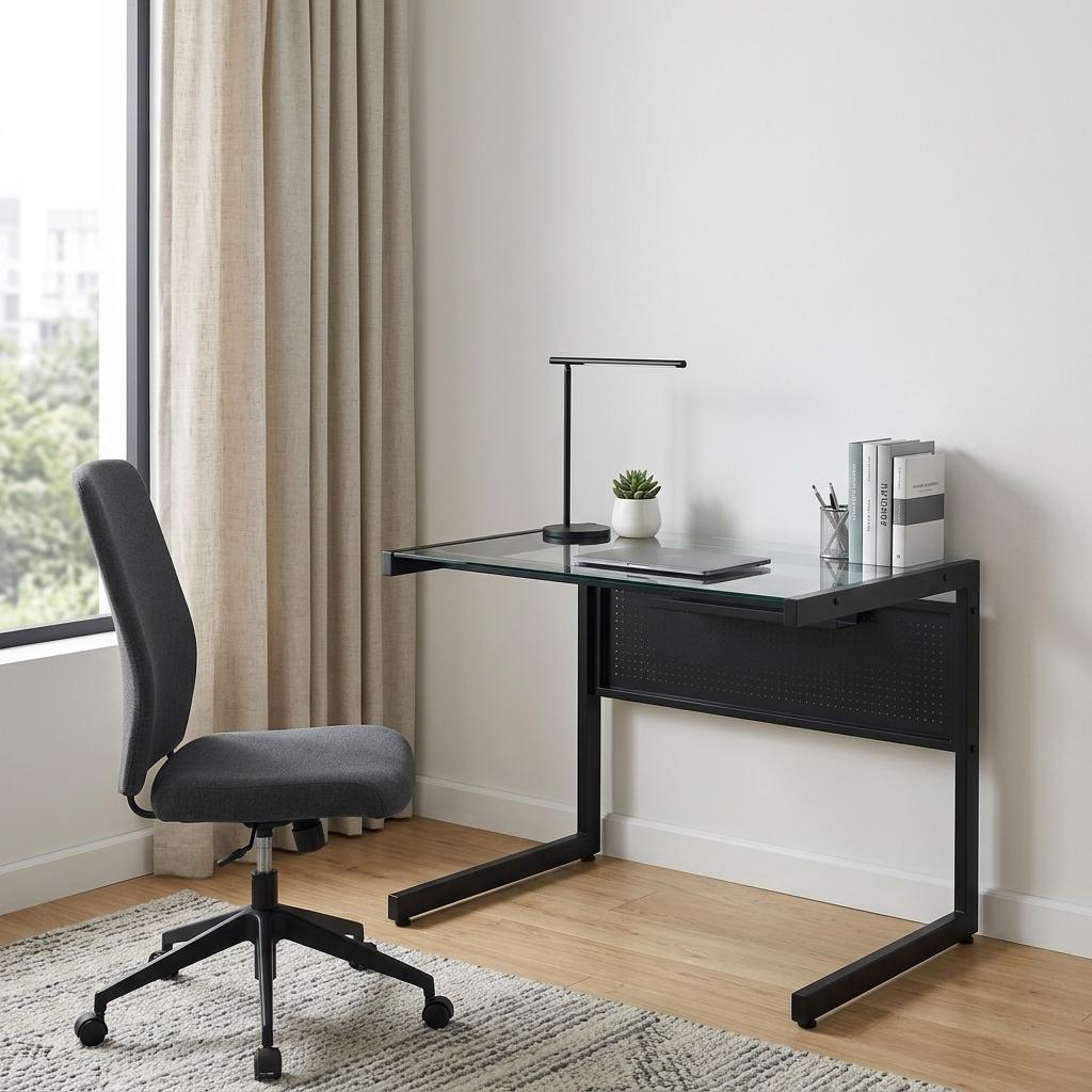 33" Clear and Black Glass and Stainless Steel Writing Desk