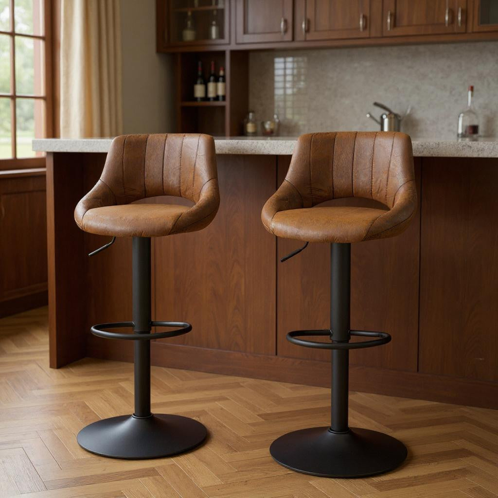 Set of Two Brown and Black Faux Leather and Steel Low Back Adjustable Height Swivel Bar Chairs
