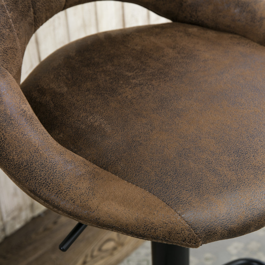 Set of Two Brown and Black Faux Leather and Steel Low Back Adjustable Height Swivel Bar Chairs