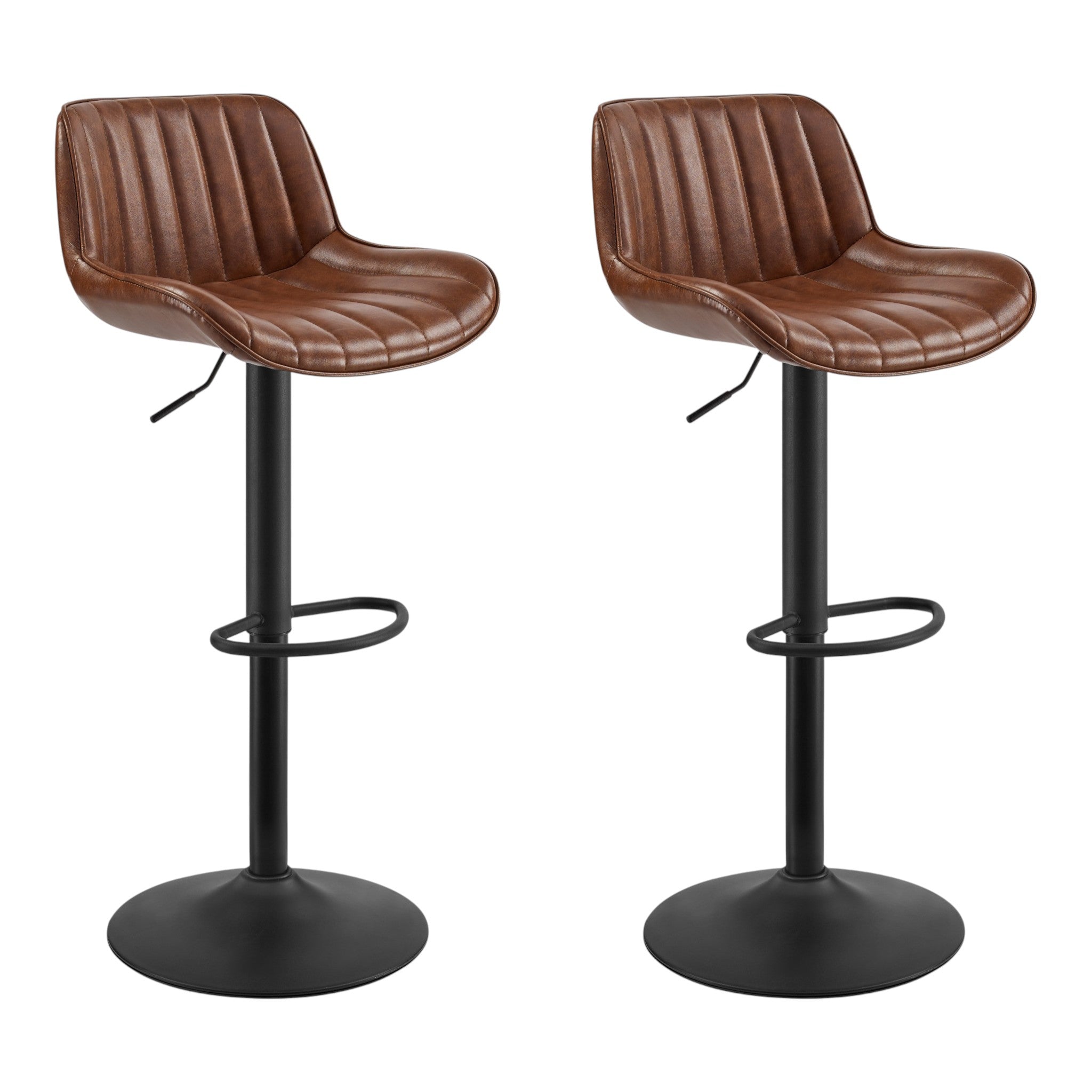 Set of Two Brown and Black Upholstered Faux Leather and Steel Low Back Adjustable Height Swivel Bar Chairs