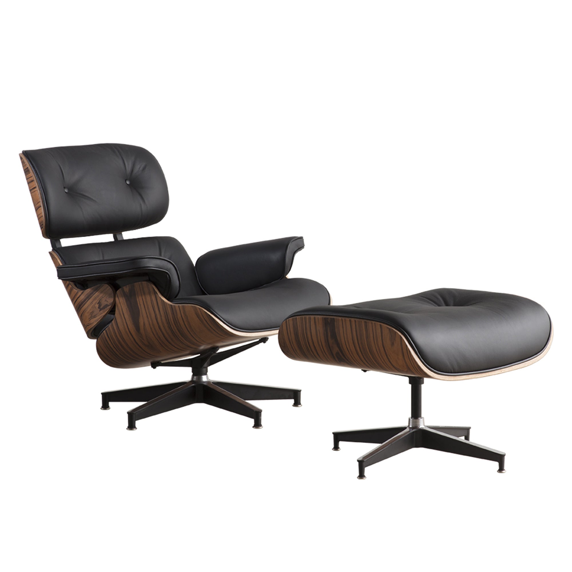 35" Black and Brown Genuine Leather Tufted Swivel Lounge Chair With Ottoman