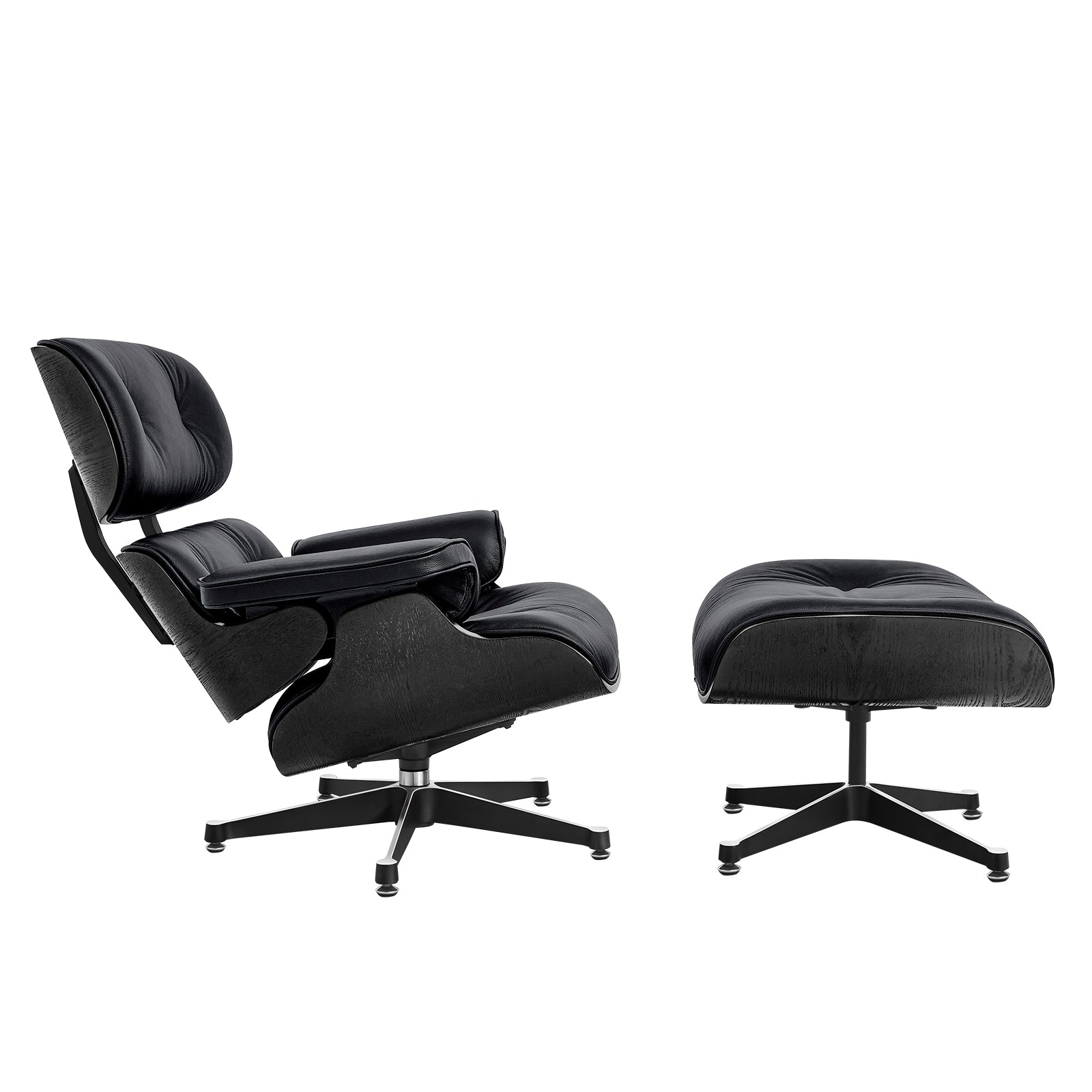 35" Black Genuine Leather Tufted Swivel Lounge Chair With Ottoman