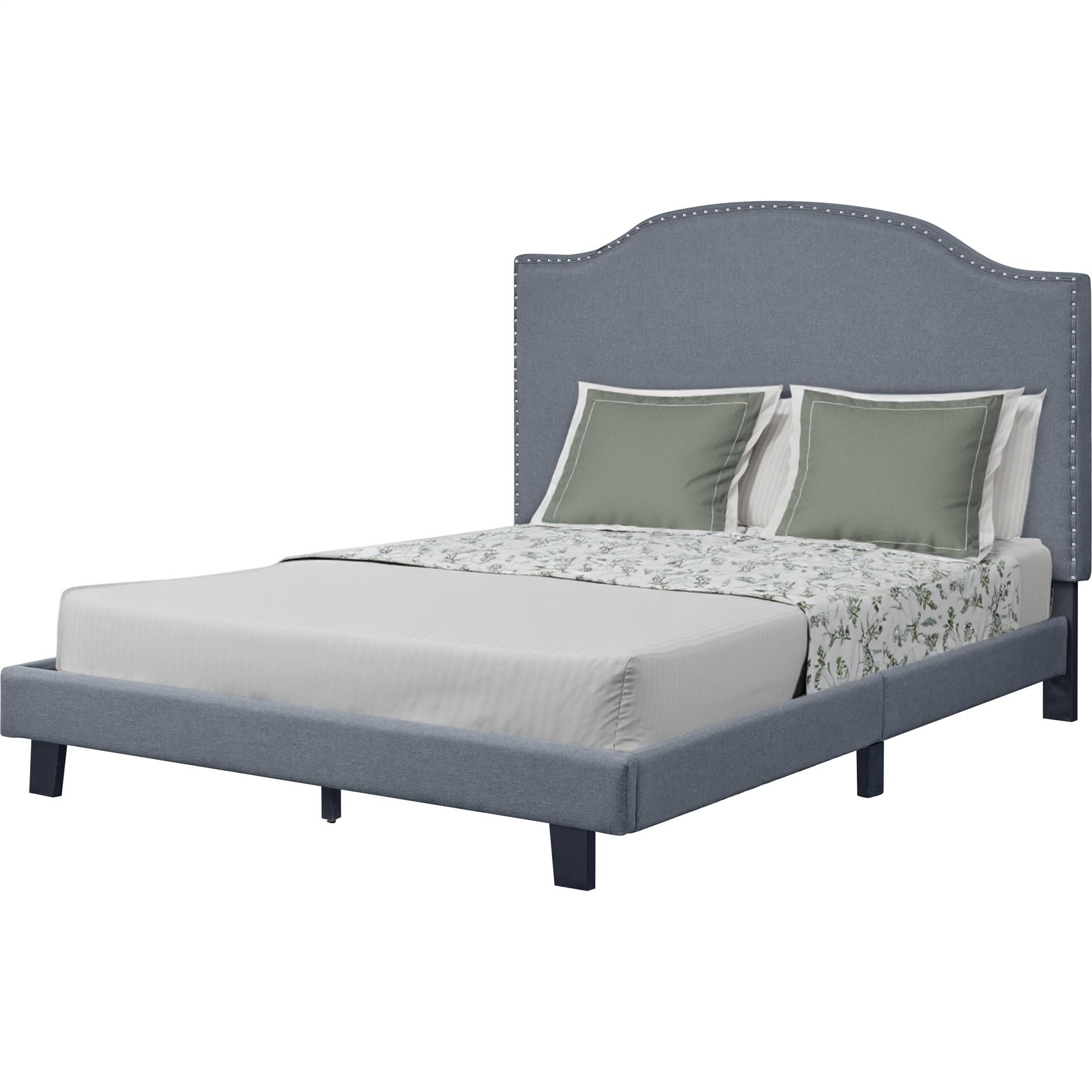 Gray Upholstered King Bed Frame with Nailhead Trim