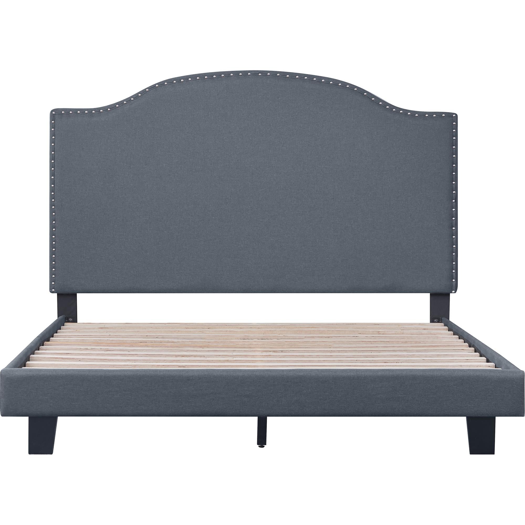 Gray Upholstered King Bed Frame with Nailhead Trim