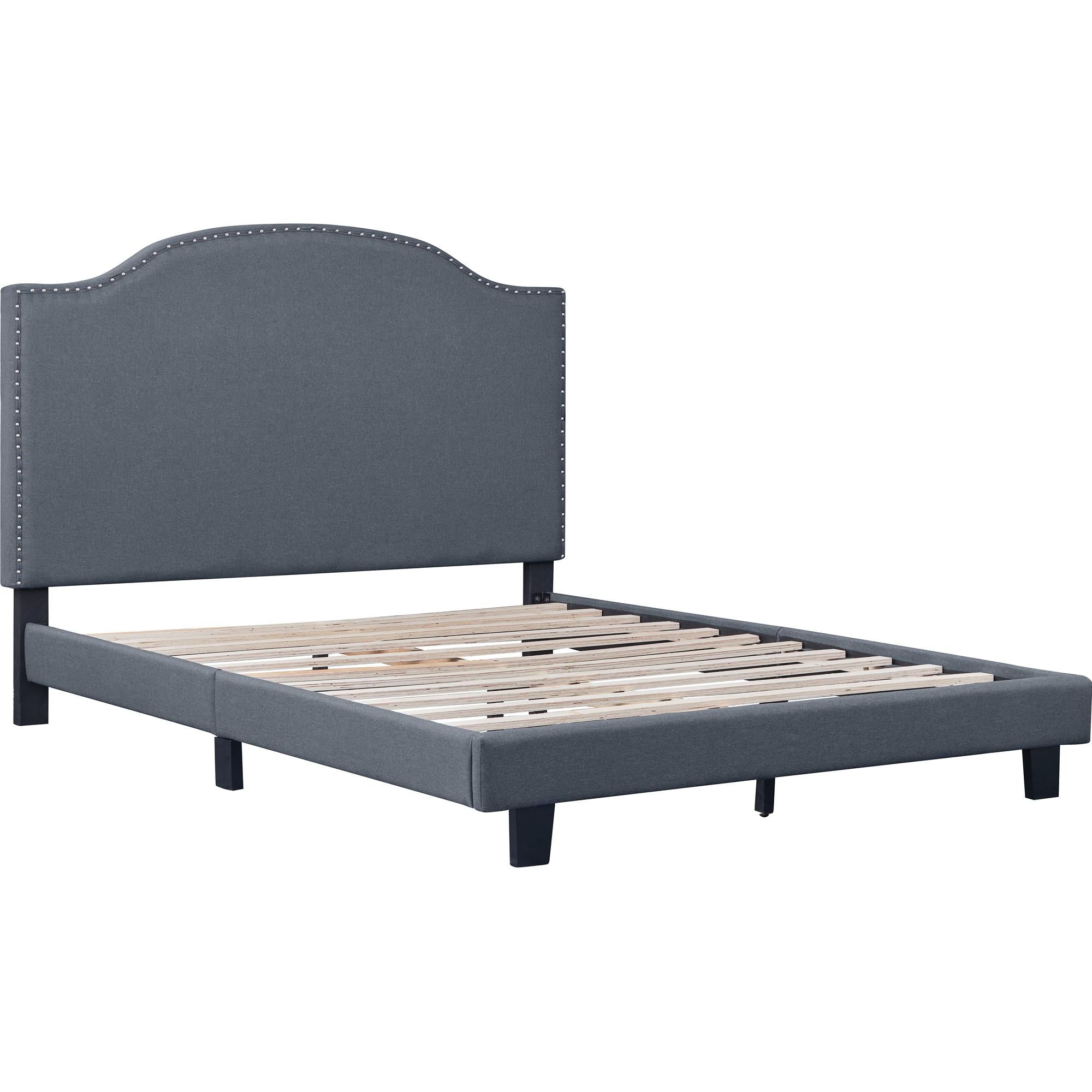 Gray Upholstered King Bed Frame with Nailhead Trim