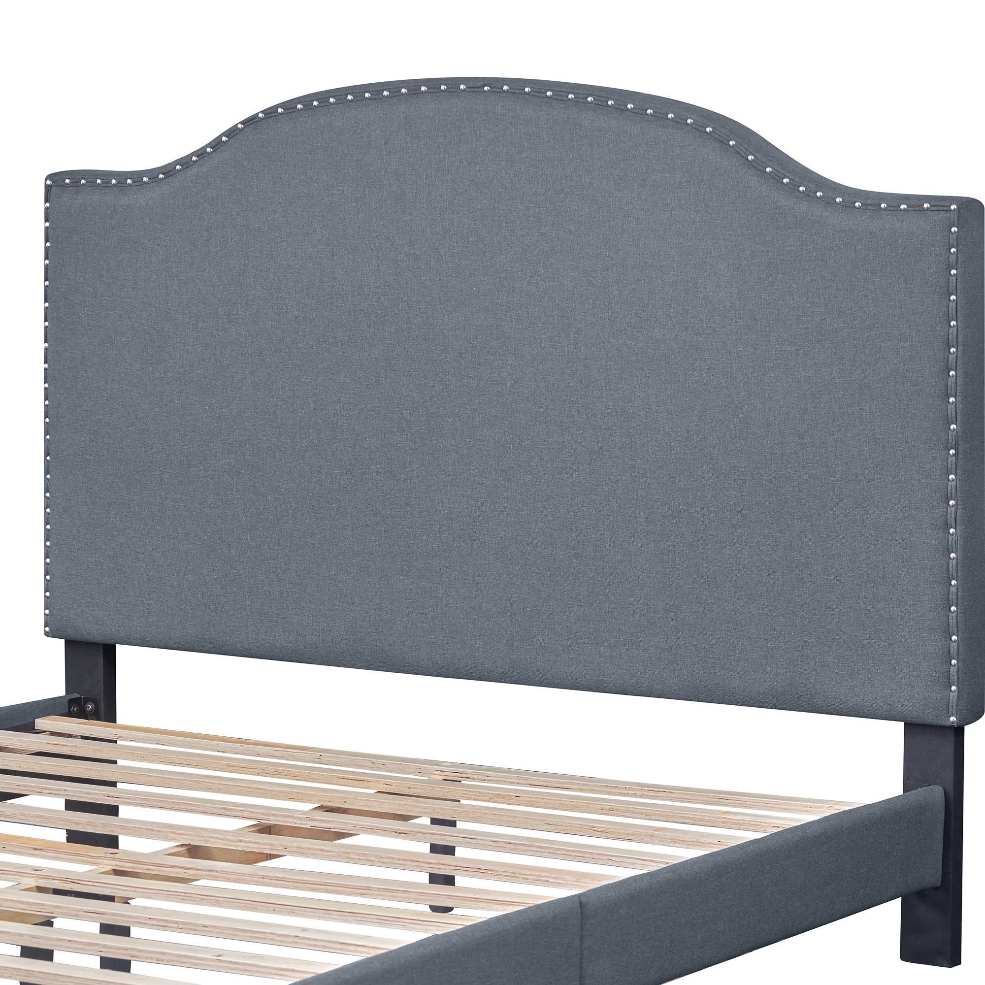 Gray Upholstered King Bed Frame with Nailhead Trim