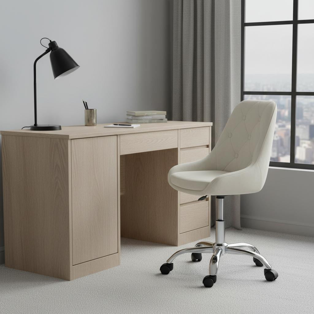Ivory Tufted Velvet Swivel Adjustable Height Office Desk Chair