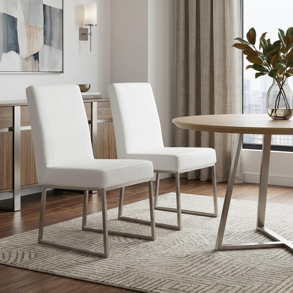 Set of Two White and Silver Faux Leather Dining Side Chairs