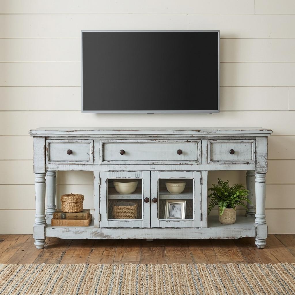 70" Blue Solid Wood Open shelving Distressed TV Stand