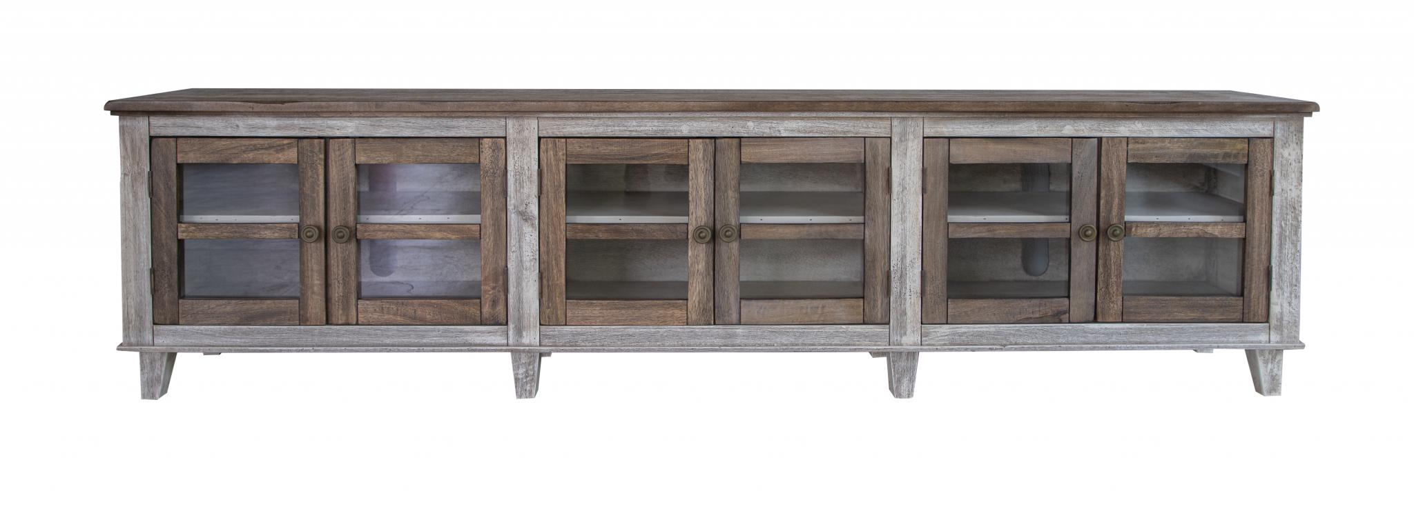 93" Gray and Ivory Solid Wood Cabinet Enclosed Storage Distressed TV Stand