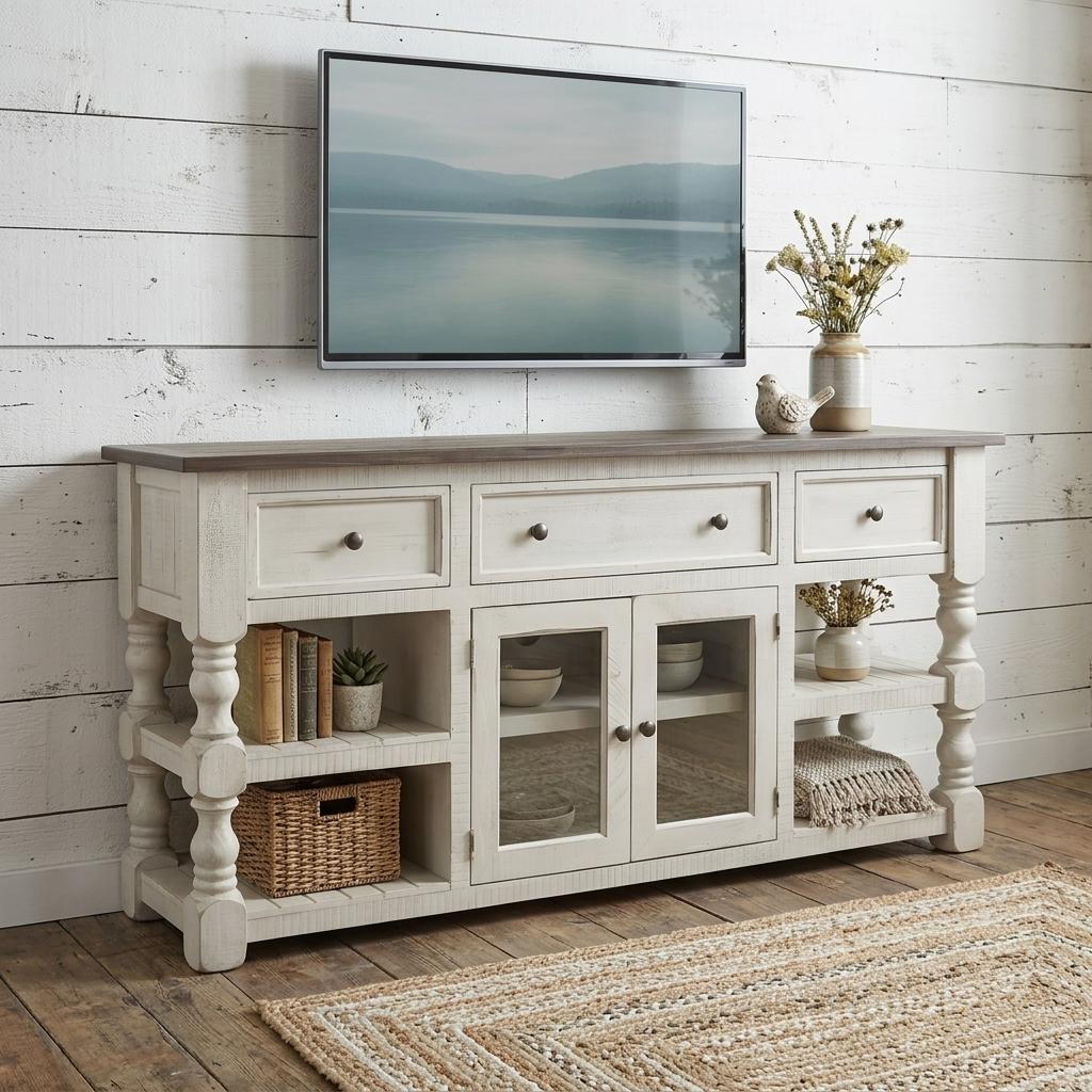 70" Ivory Solid Wood Open shelving Distressed TV Stand